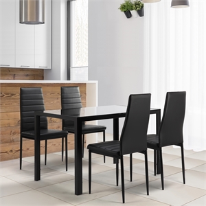 CRO Decor 5 PC Dining Table Set Tempered Glass Dining Table  Faux Leather Chairs
