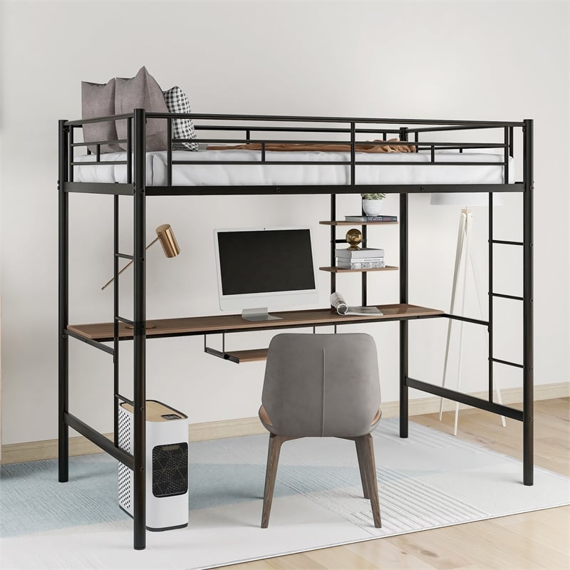 CRO Decor Loft Bed with Desk and Shelf Space Saving Design-Twin (Black)