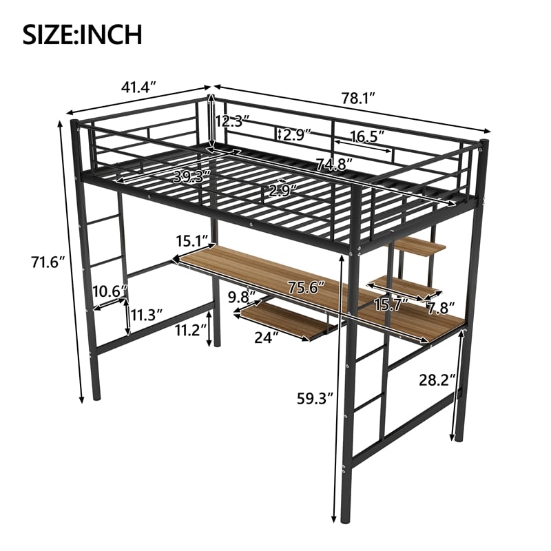 CRO Decor Loft Bed with Desk and Shelf Space Saving Design-Twin (Black)