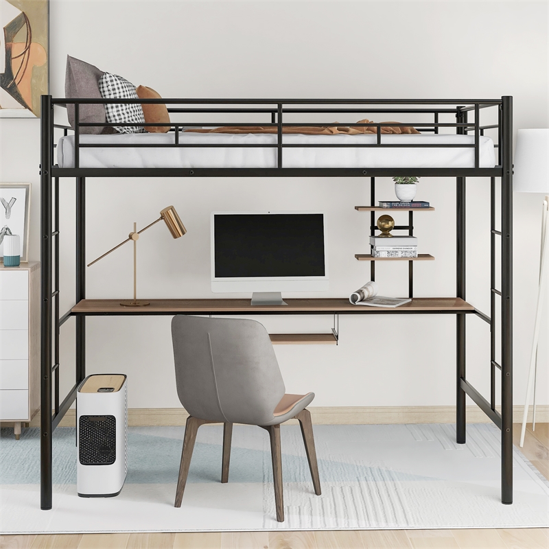 CRO Decor Loft Bed with Desk and Shelf Space Saving Design-Twin (Black)