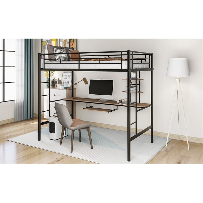 CRO Decor Loft Bed with Desk and Shelf Space Saving Design-Twin (Black)