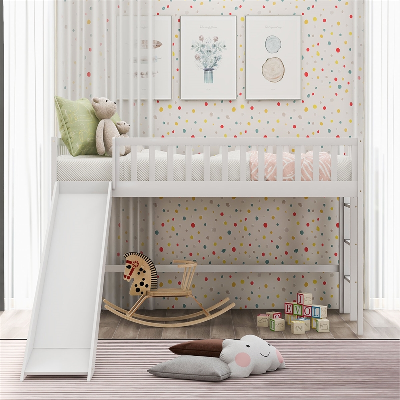 CRO Decor Twin Size Low Loft Bed with Ladder and Slide (White)
