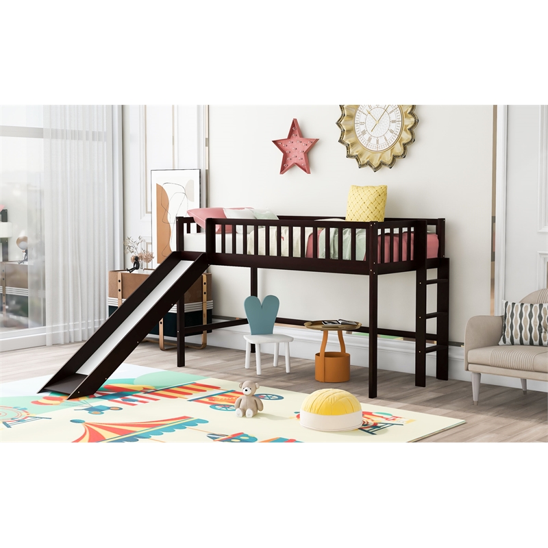 CRO Decor Twin Size Wood Low Loft Bed with Ladder and Slide (Espresso)