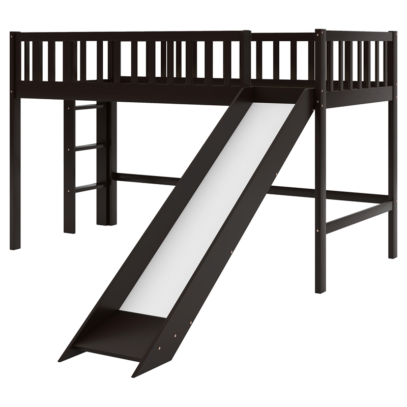 CRO Decor Twin Size Wood Low Loft Bed with Ladder and Slide (Espresso)