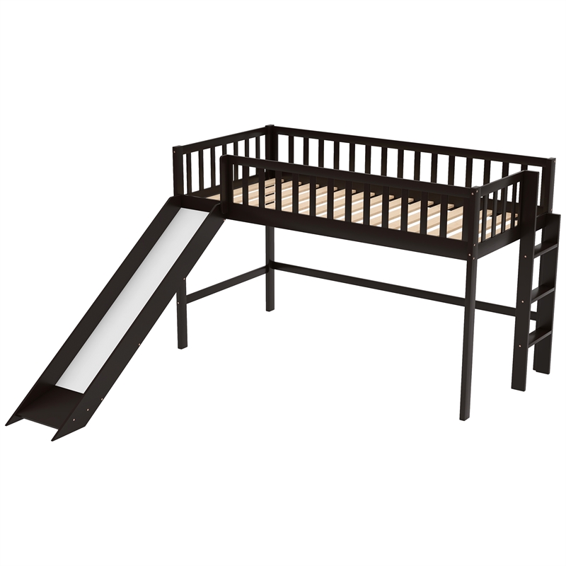 CRO Decor Twin Size Wood Low Loft Bed with Ladder and Slide (Espresso)