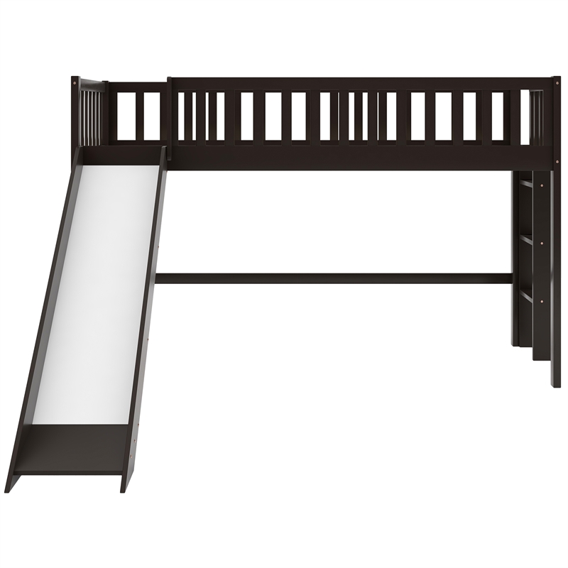 CRO Decor Twin Size Wood Low Loft Bed with Ladder and Slide (Espresso)