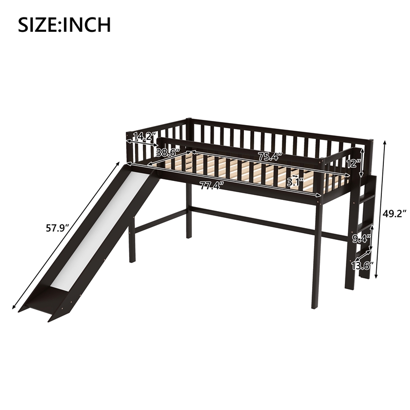 CRO Decor Twin Size Wood Low Loft Bed with Ladder and Slide (Espresso)