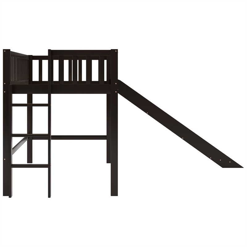 CRO Decor Twin Size Wood Low Loft Bed with Ladder and Slide (Espresso)