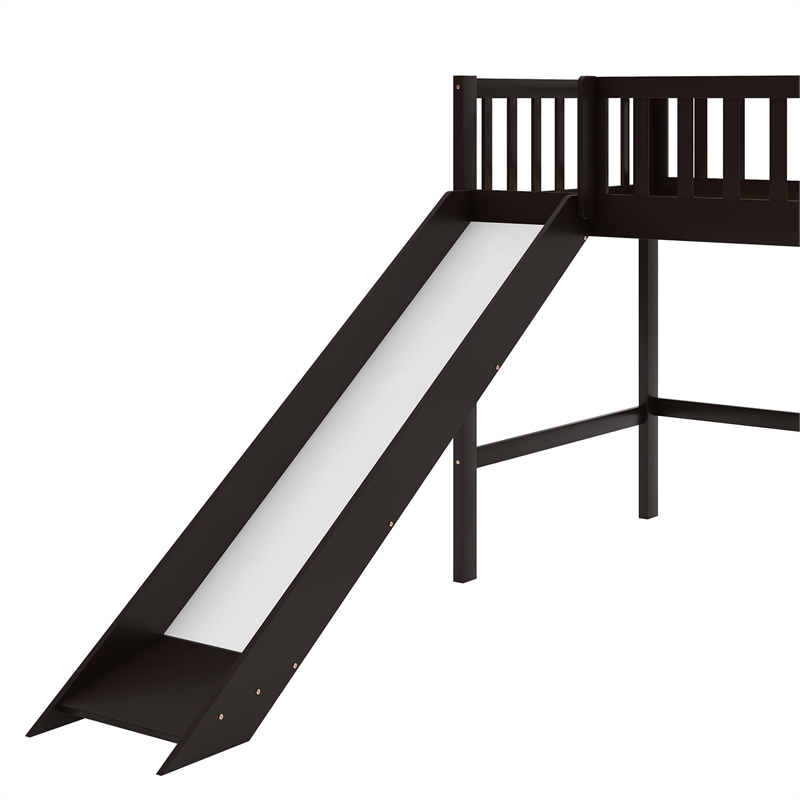 CRO Decor Twin Size Wood Low Loft Bed with Ladder and Slide (Espresso)