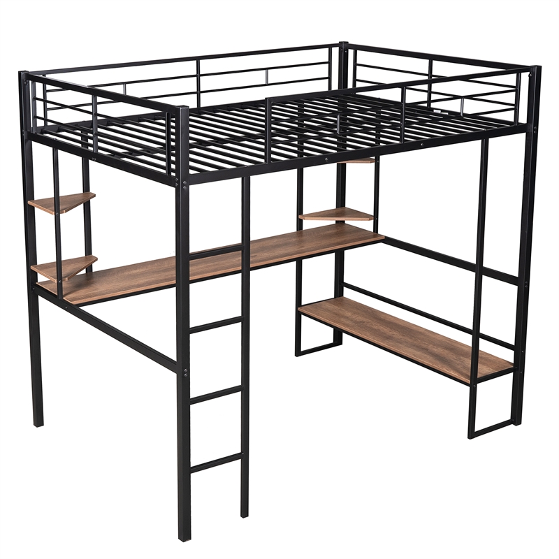 CRO Decor Full Size Loft Metal&MDF Bed with Long Desk and Shelves (Black)