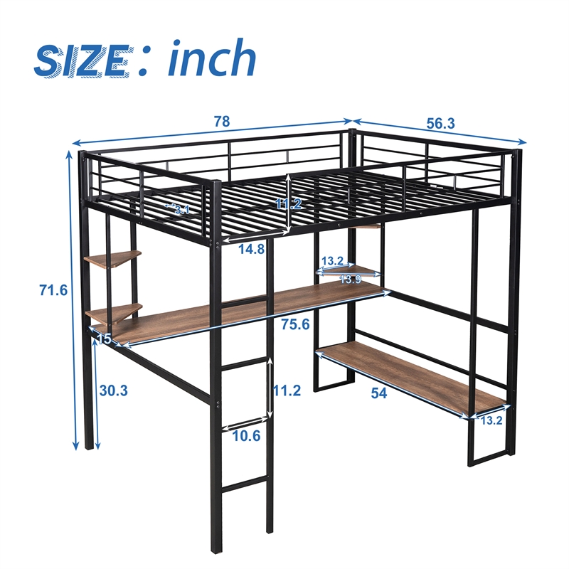 CRO Decor Full Size Loft Metal&MDF Bed with Long Desk and Shelves (Black)