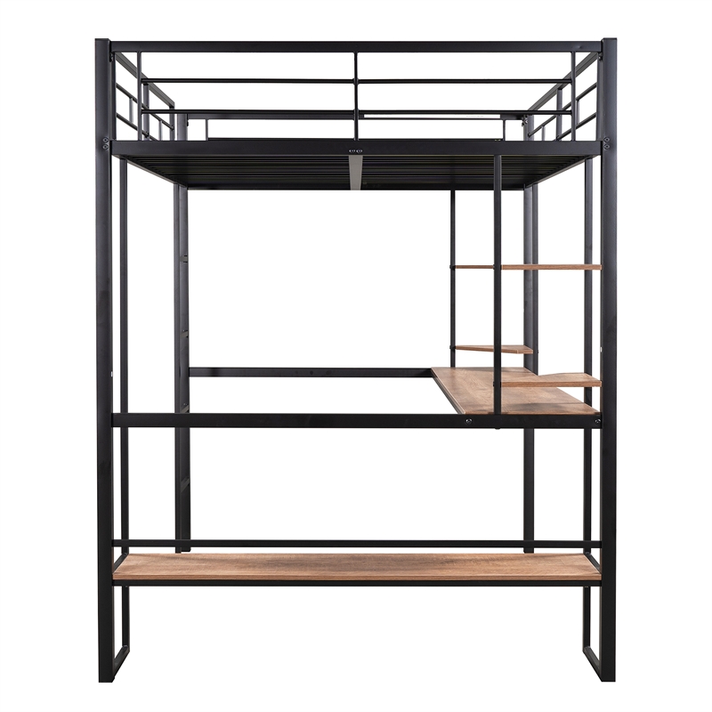 CRO Decor Full Size Loft Metal&MDF Bed with Long Desk and Shelves (Black)