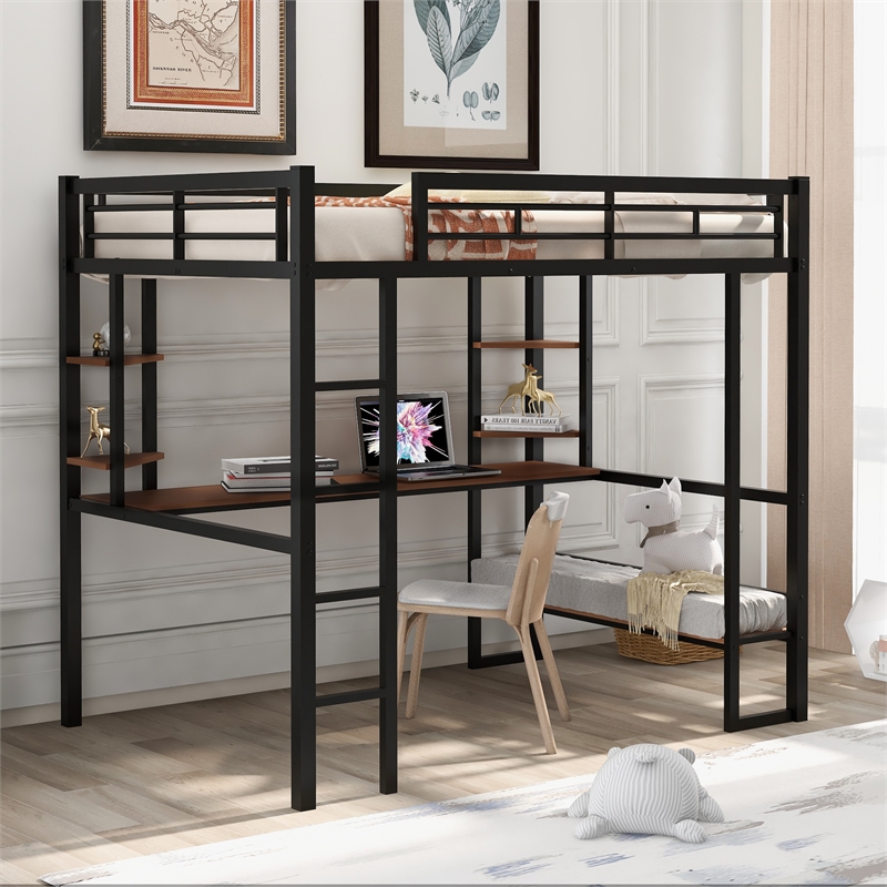 CRO Decor Full Size Loft Metal&MDF Bed with Long Desk and Shelves (Black)