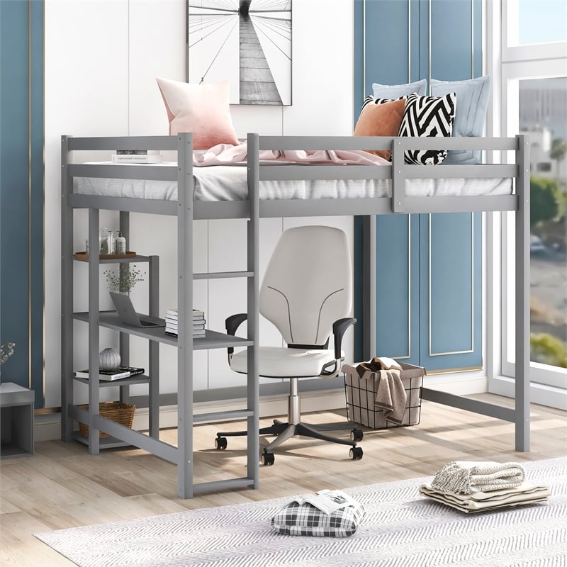 CRO Decor Full Size Wood Loft Bed with Built-in Desk and Shelves (Gray)