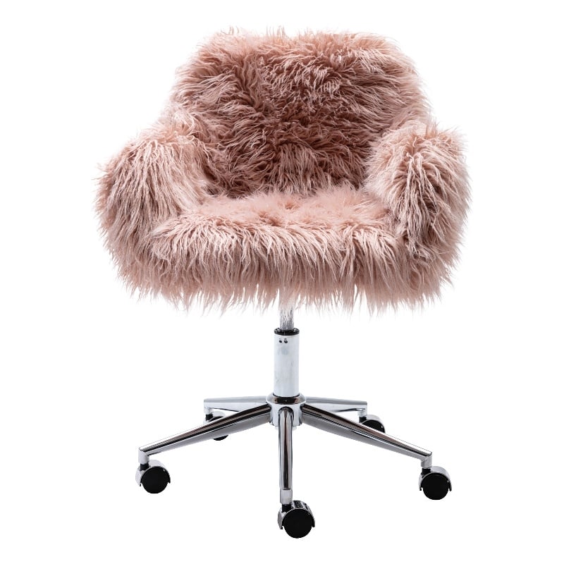 CRO Decor 33.6'' Pink Faux Fur Home Office Side Chair for Girls Makeup Vanity
