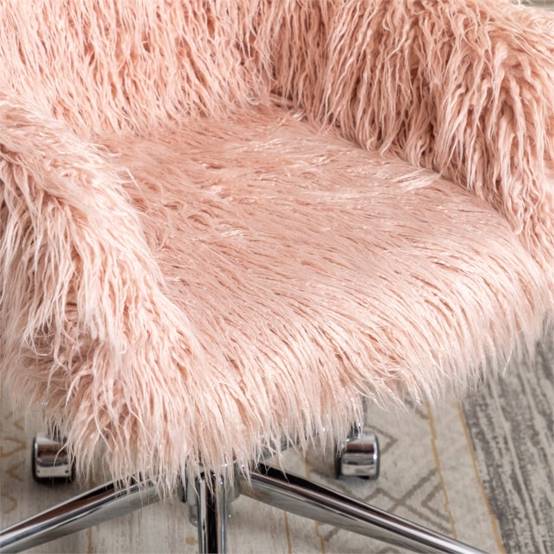 CRO Decor 33.6'' Pink Faux Fur Home Office Side Chair for Girls Makeup Vanity