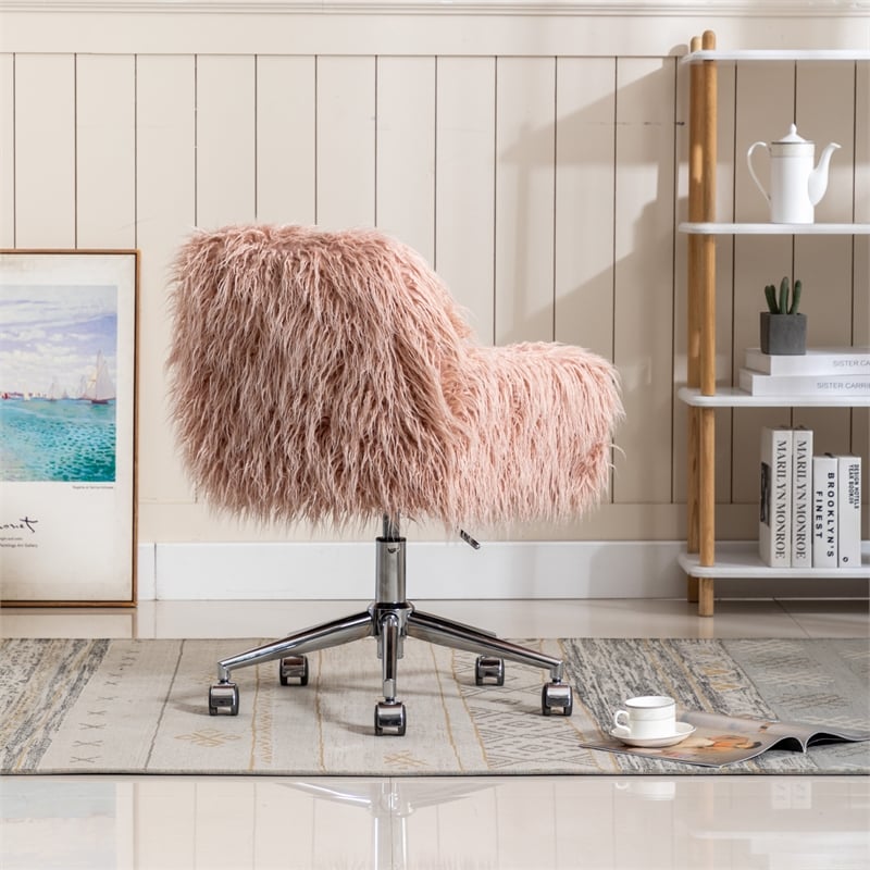 CRO Decor 33.6'' Pink Faux Fur Home Office Side Chair for Girls Makeup Vanity