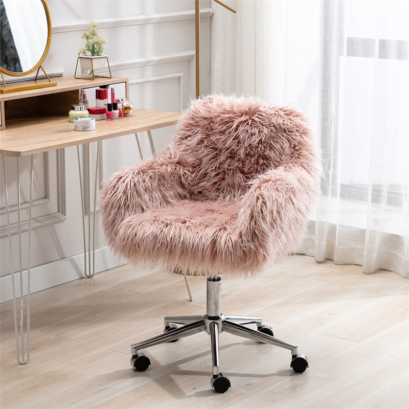 CRO Decor 33.6'' Pink Faux Fur Home Office Side Chair for Girls Makeup Vanity