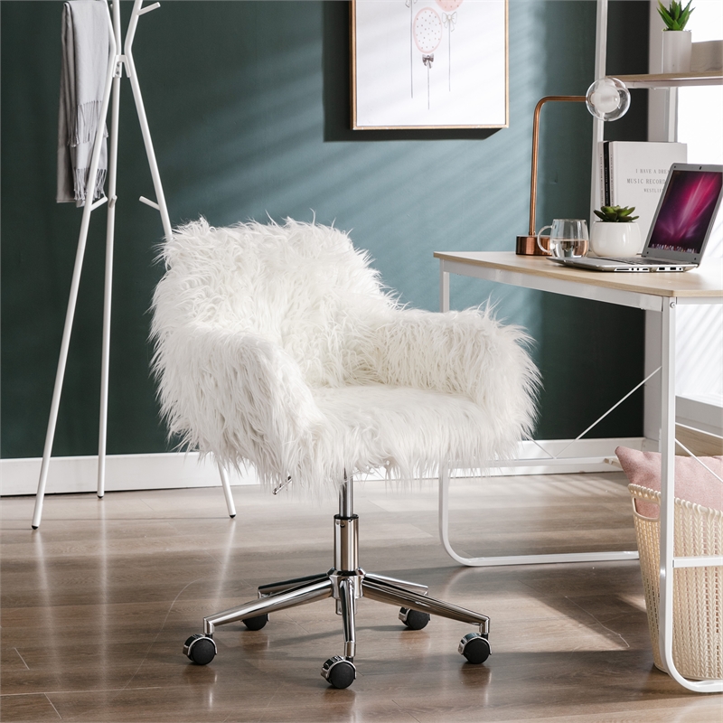 CRO Decor White Faux Fur Home Office Side Chair for Girls