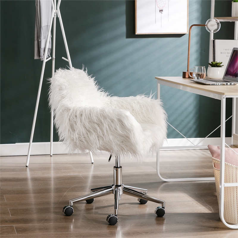 CRO Decor 33.6'' White Faux Fur Home Office Side Chair for Girls Makeup Vanity