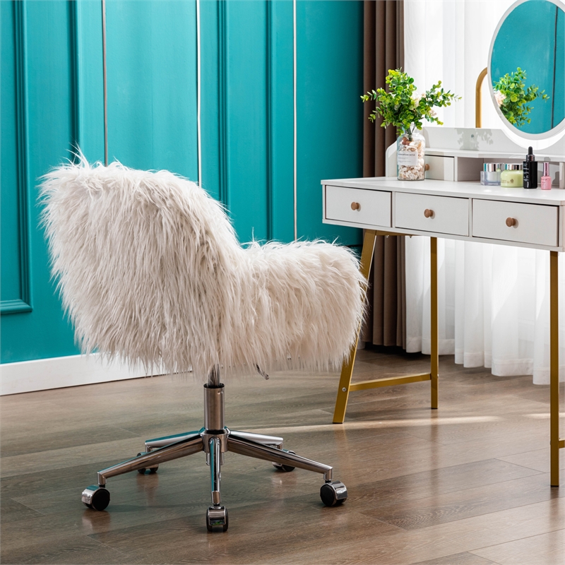 CRO Decor 33.6'' White Faux Fur Home Office Side Chair for Girls Makeup Vanity
