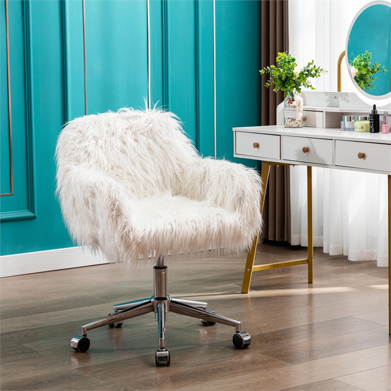 CRO Decor 33.6'' White Faux Fur Home Office Side Chair for Girls Makeup Vanity