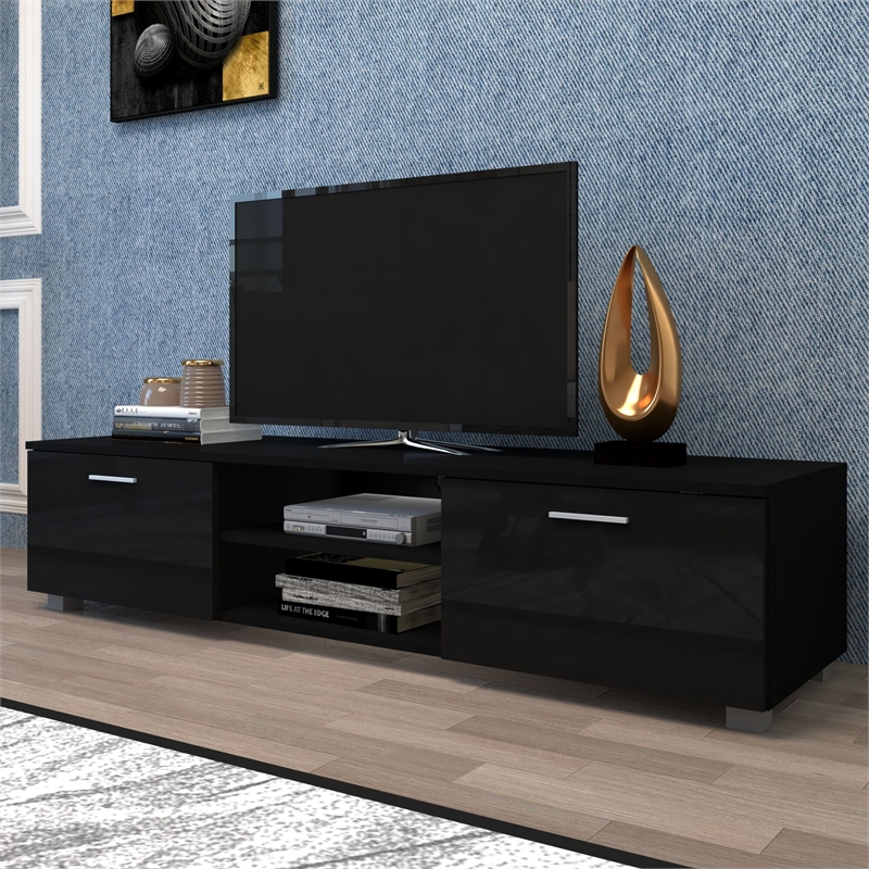 CRO Decor Black TV Stand for 70'' TV Stands with 2 Storage Cabinet Open Shelves
