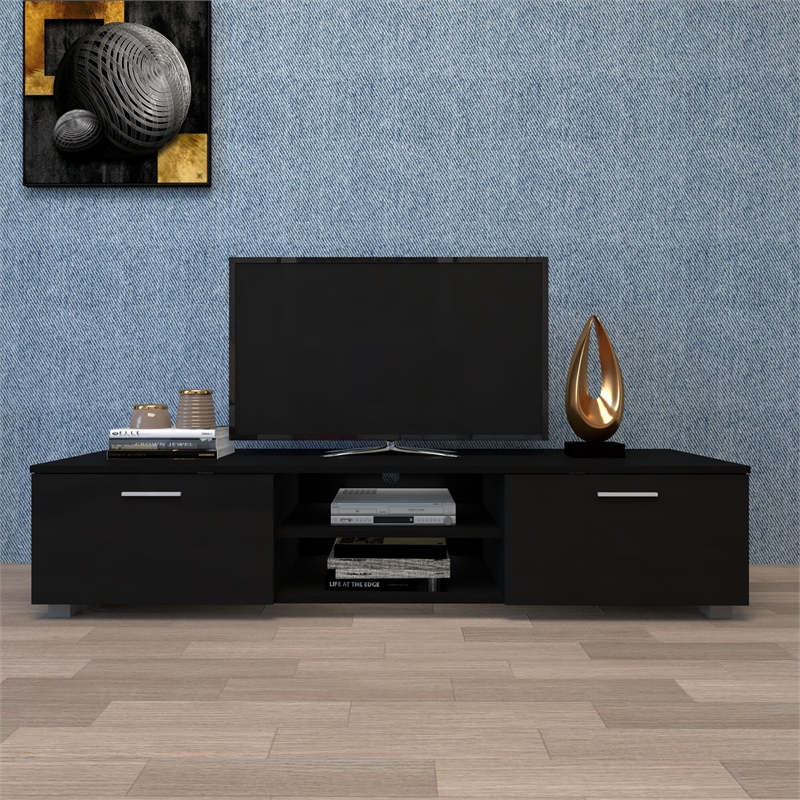 CRO Decor Black TV Stand for 70'' TV Stands with 2 Storage Cabinet Open Shelves