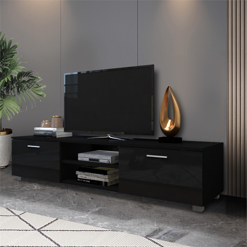 CRO Decor Black TV Stand for 70'' TV Stands with 2 Storage Cabinet Open Shelves