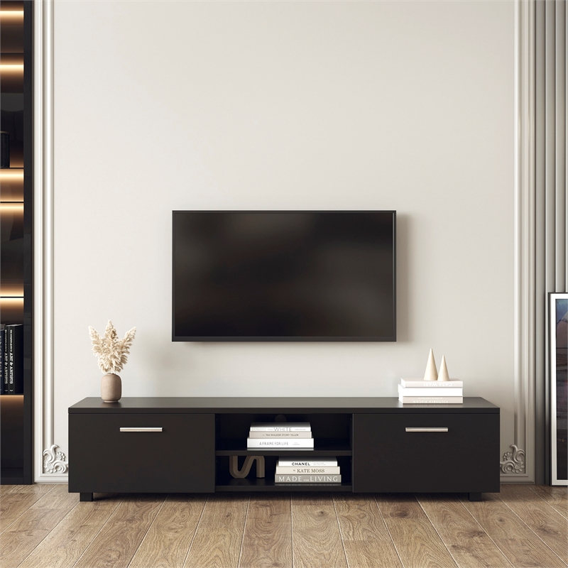 CRO Decor Black TV Stand for 70'' TV Stands with 2 Storage Cabinet Open Shelves