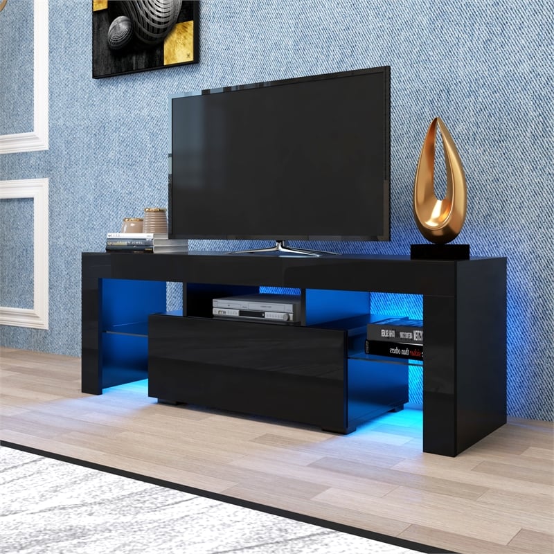 CRO Decor TV Stand with LED RGB Lights TV Cabinet Gaming Consoles (Black)