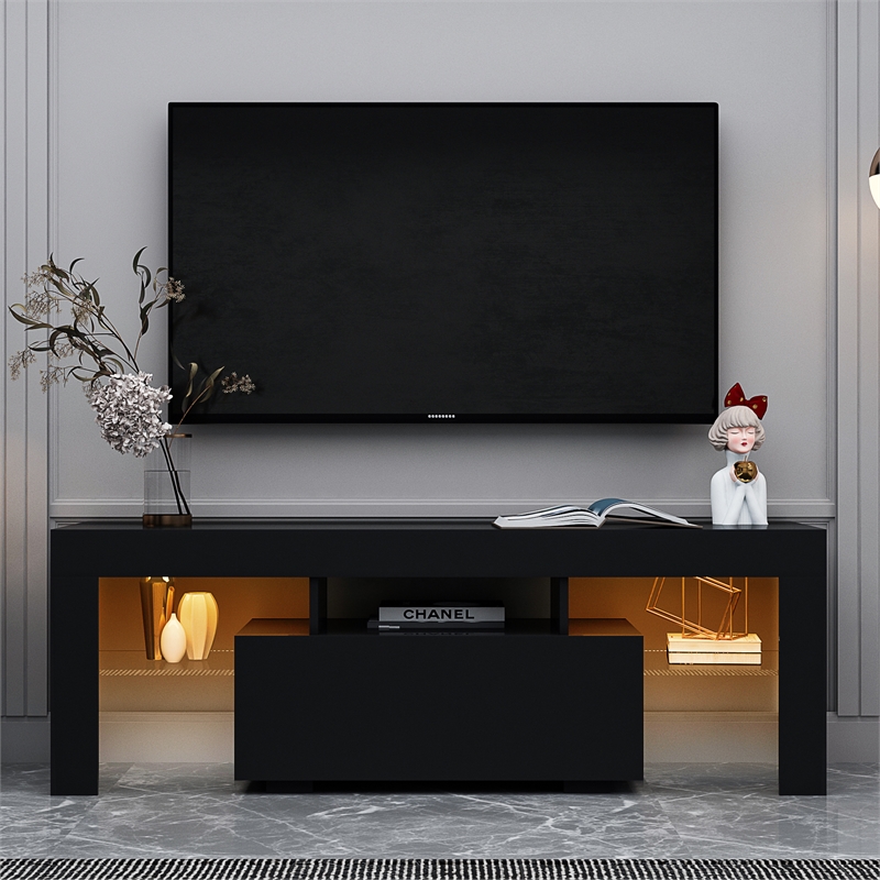 CRO Decor TV Stand with LED RGB Lights TV Cabinet Gaming Consoles (Black)