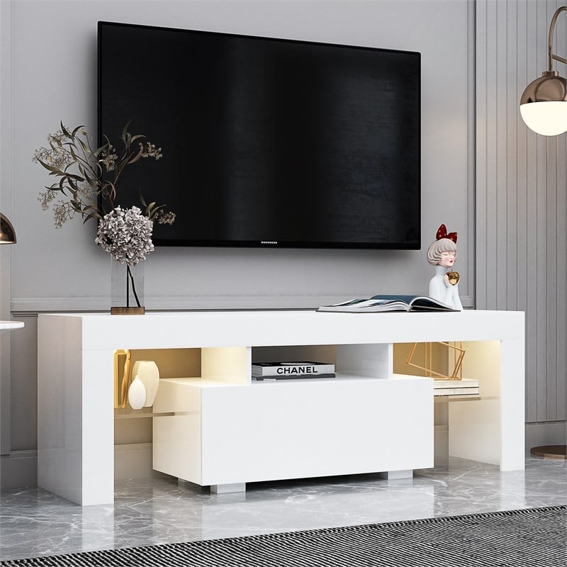 CRO Decor Entertainment TV Stand TV Base Stand with LED Light TV Cabinet (White)