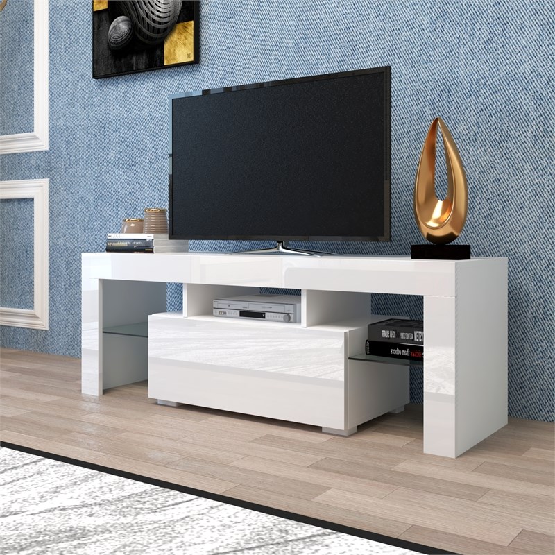 CRO Decor Entertainment TV Stand TV Base Stand with LED Light TV Cabinet (White)