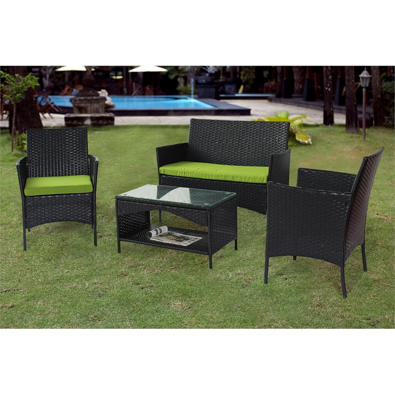 CRO Decor Black 4-Piece Metal Wicker Rectangular Outdoor Dining Set Garden Patio