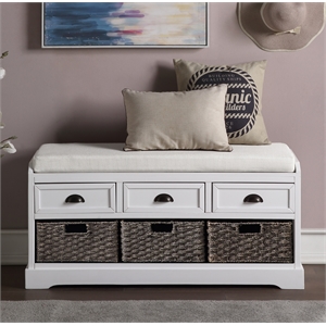 CRO Decor Homes Collection Wood Storage Bench with 3 Drawers and 3 Baskets-White