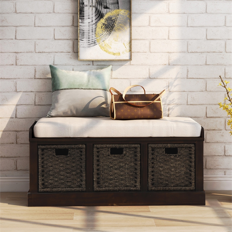 CRO Decor Storage Bench with 3 Removable Classic Rattan Basket (Espresso)