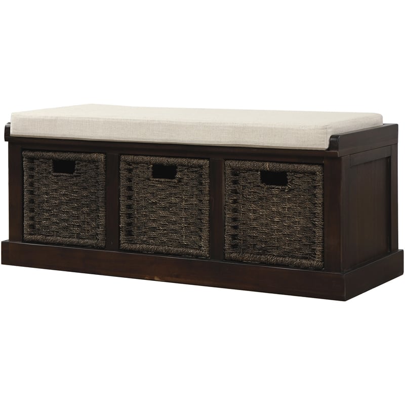 CRO Decor Storage Bench with 3 Removable Classic Rattan Basket (Espresso)