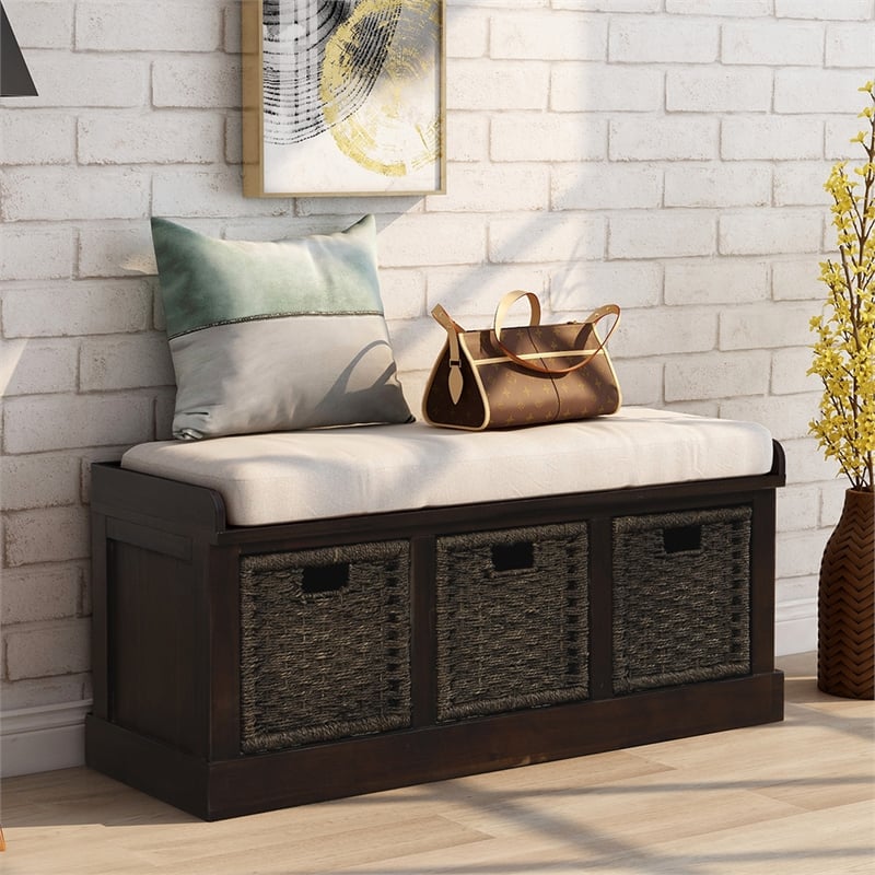CRO Decor Storage Bench with 3 Removable Classic Rattan Basket (Espresso)