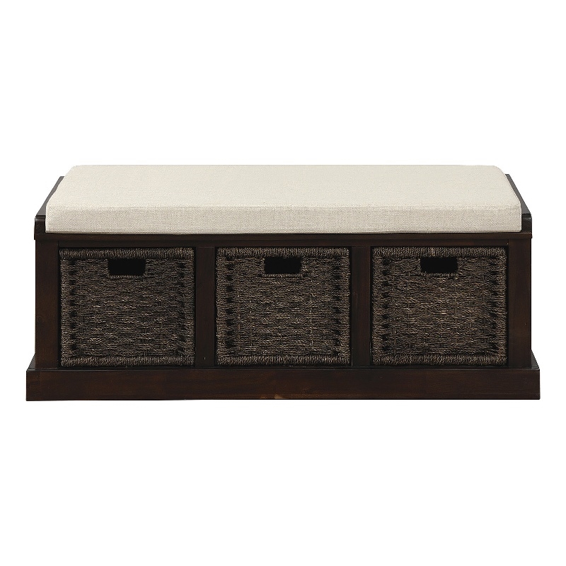 CRO Decor Storage Bench with 3 Removable Classic Rattan Basket (Espresso)