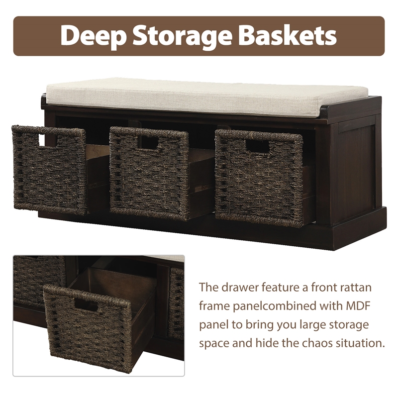 CRO Decor Storage Bench with 3 Removable Classic Rattan Basket (Espresso)