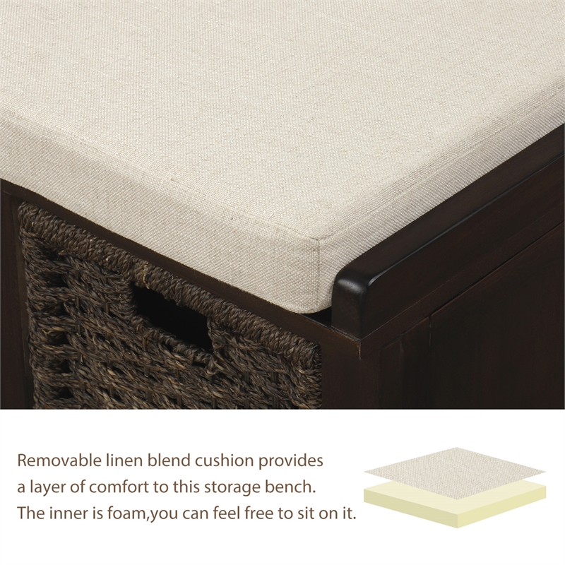 CRO Decor Storage Bench with 3 Removable Classic Rattan Basket (Espresso)