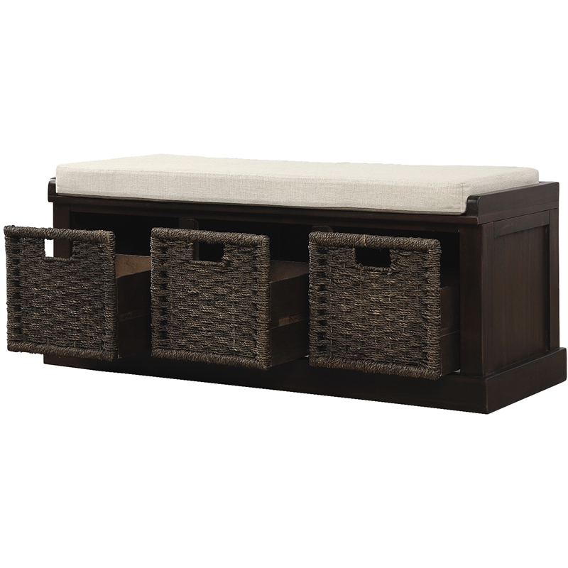 CRO Decor Storage Bench with 3 Removable Classic Rattan Basket (Espresso)