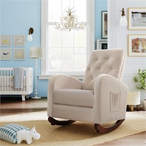 CRO Decor Baby Room High Back Rocking Chair Velvet Nursery Armchair (Beige)