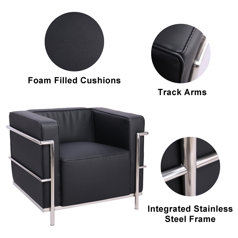 CRO Decor Black Genuine Leather Armchair with Encasing Stainless Steel Frame