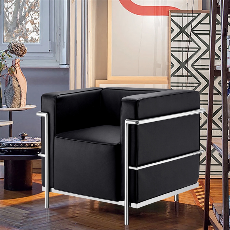 CRO Decor Black Genuine Leather Armchair with Encasing Stainless Steel Frame