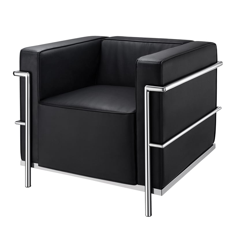 CRO Decor Black Genuine Leather Armchair with Encasing Stainless Steel Frame
