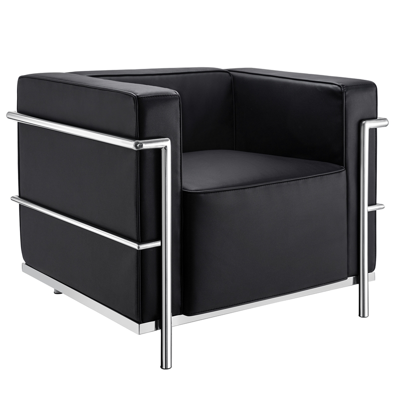 CRO Decor Black Genuine Leather Armchair with Encasing Stainless Steel Frame