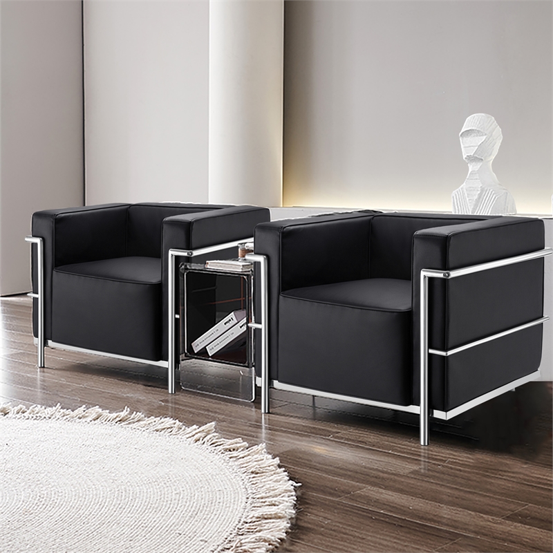 CRO Decor Black Genuine Leather Armchair with Encasing Stainless Steel Frame