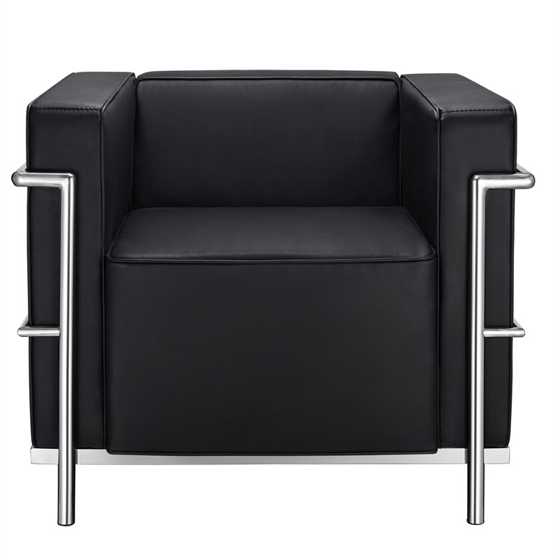 CRO Decor Black Genuine Leather Armchair with Encasing Stainless Steel Frame